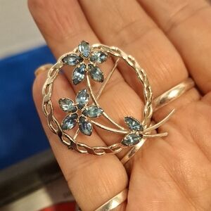 Chic Floral Silver and Blue Brooch